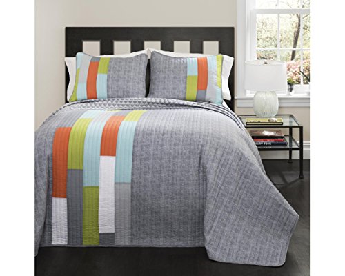 Lush Decor Shelly Stripe Quilt | Modern Geometric Pattern Reversible 3 Piece Bedding Set - Full/Queen - Orange & Gray