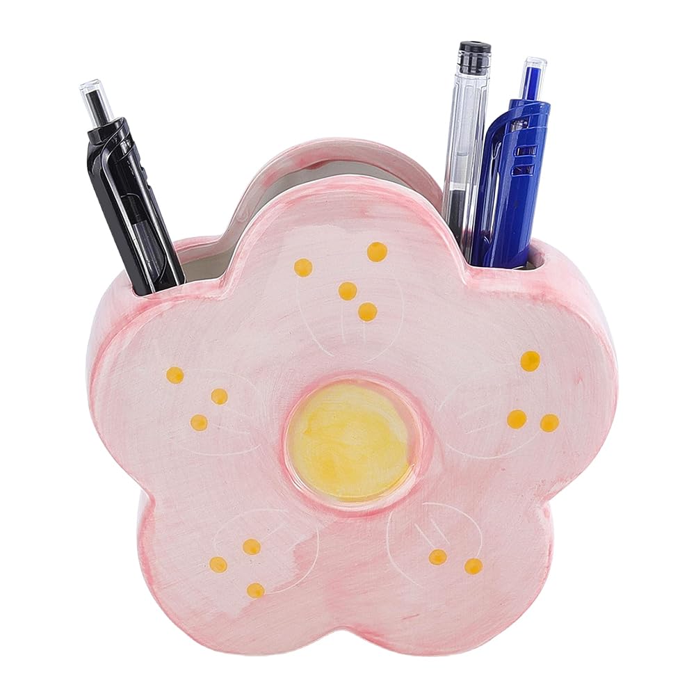HOBBIESAY 1PCS Pink Flower Ceramic Pen Holder Cute Cute Flower Pencil Holder Aesthetic Flowers Makeup Brush Vase Decorative Desktop Organizer Birthday Gift for Women Office Home Wedding Party Decor
