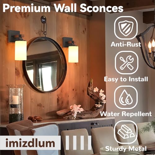 Image of Wall Sconces Set of 2, Farmhouse Rustic Vanity Light for Bathroom, E26 | Wood Grain Brown Wall Light Fixtures with White Glass Shade for Bathroom, Bedroom, Living Room, Hardwired(Bulbs Not Includ)