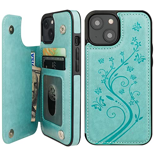 Vaburs Compatible with iPhone 14 Case Wallet with Card Holder,Embossed Butterfly Pattern PU Leather Double Buttons Flip Protective Shockproof Cover for Magnetic Car Mount 6.1 Inch (Green)