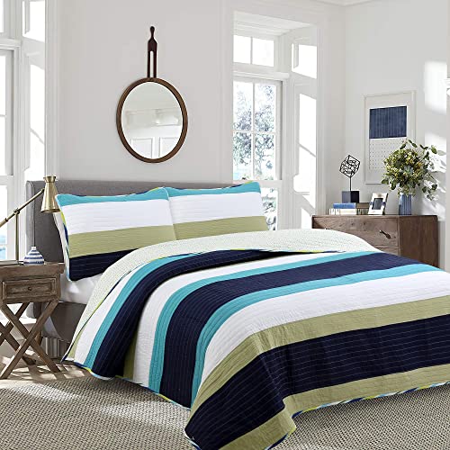 Cozy Line Home Fashions Navy Blue Sage Green Striped Boy 100% Cotton Reversible Quilt Bedding Set, All-Season Coverlet Bedspread (Rugby, Queen - 3 Piece)