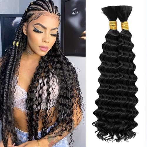 Human Braiding Hair 2 Bundles 100g 24 24Inch Deep Wave Natural Black Bulk Human Hair Bundles Braiding Curly Human Hair Extensions for Boho Braids