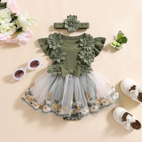 Douhoow Baby Girl Dress Romper Baby Romper Dress Flowers Embroidery Tulle Skirt Infant Girl Summer Clothes with Headband2