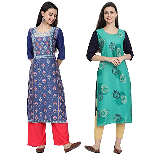 Image of 1 Stop Fashion Women's Crape Multicolor Digital Print Straight Kurtas /Kurtis (Pack of 2)