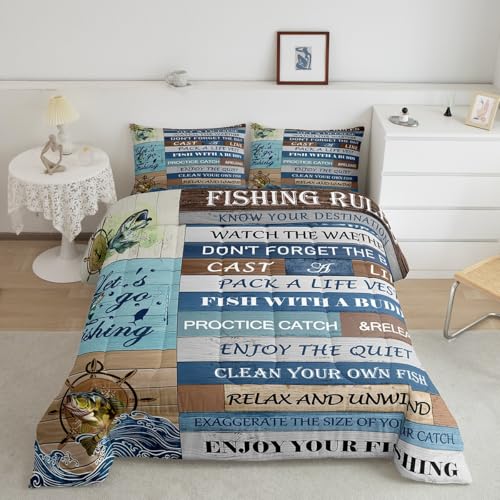 Image of Feelyou Kids Happy Camping Bedding Set King Size, Bass Fish Duvet Insert Fishing Rules Comforter Set Boys Girls Rustic Teens Bedroom Decor 3Pcs