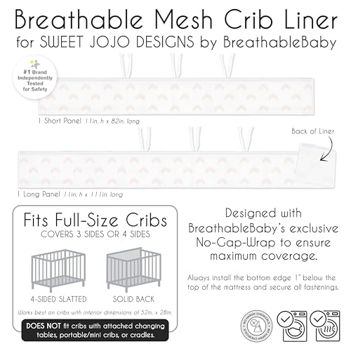 Image of Sweet Jojo Designs + BreathableBaby Boho Bohemian Girl Breathable Mesh Crib Liner Baby and Infant - Blush Pink and White Farmhouse Shabby Chic Designer Modern Minimalist Geometric Arrows