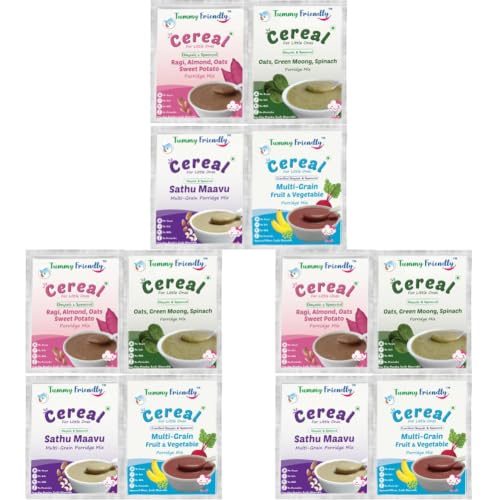 Image of TummyFriendly Foods Certified Organic Porridge Mixes Trial Packs Combo For Little Ones | Organic Sprouted Ragi, Oats, Banana, MultiGrain, Oats, Sathu Maavu | Made of Organic-Sprouted Ragi Flour, Pulses, Fruit, Vegetables and Nuts | Maximum Possible Nutrition From Real Food | No Sugar, No Salt, No Chemicals, No Pesticides & No GMO | 4 Baby Packs, 50g Each | Shelf Life 9 Month.