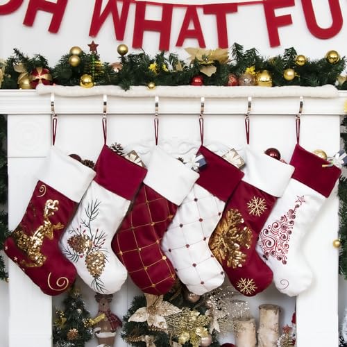 GEX Family Christmas Stockings Set of 6 New Embroidery Sequins 20 Large Decor Red White Gold Hanging Ornament Fireplace Xmas Tree Holiday Party Decoration 6 Packs