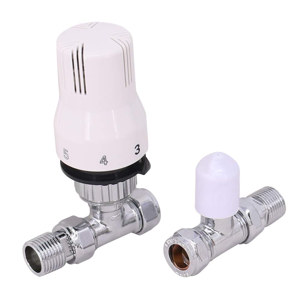Warmehaus White Thermostatic Radiator Valve 15Mm X 1/2 Inch Straight Chrome Rad Trv + Lockshield