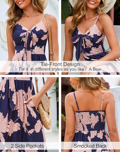Image of Kranda Women 2026 Summer Sundress High Waist Tie Front Spaghetti Strap Long Beach Floral Tiered Maxi Dress with Pockets
