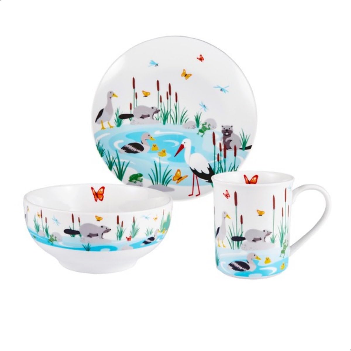 Kinderset Tiere Manao 7tlg. mit Gravur auf der Besteck-Rückseite (z.B. Namen) Kinderbesteck + Kindergeschirr (Teller, Schale, Tasse)