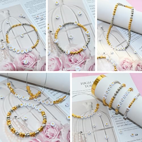 Image of Looconi 1400pcs Letter Beads Gold Alphabet A-Z and Smiley Heart Beads White Acrylic for Jewelry Making Bracelet