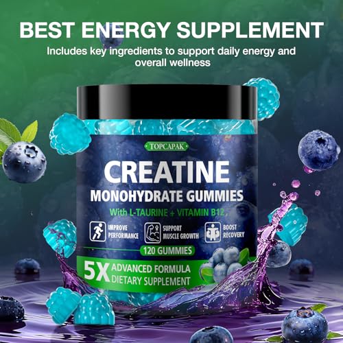 Image of Creatine Gummies for Men & Women - Chewable Creatine Monohydrate Gummies with Taurine & Vitamin B12, 5g Creatine per Serving, Blueberry Flavor, Raspberry-Shaped - 120 Count