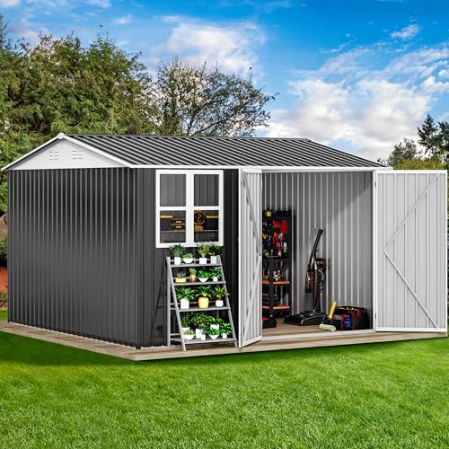 Image of DWVO 10x10ft Metal Outdoor Storage Shed with Window, Lockable Tool Storage Sheds, Oversized Steel Garden Sheds with Sloped Roof for Backyard, Patio, Garage, Lawn, Gray & White
