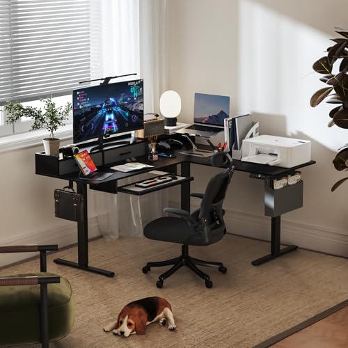 Image of WALKINGDESK 63 Inches L Shaped Standing Desk with Keyboard Tray and 2 Drawers, L Shaped Electric Standing Desk, Adjustable L Shaped Office Desk,Corner Standing Desk for Home Office, Black