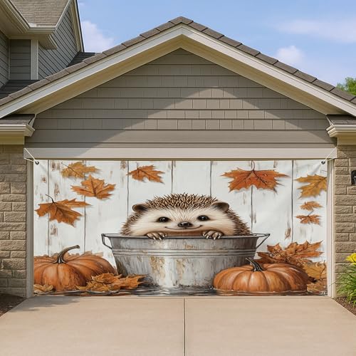 Bonita cubierta para puerta de garaje de erizo, decoración rústica de otoño con calabazas y hojas, decoraciones de otoño al aire libre para Halloween y Acción de Gracias, 157 x 71 pulgadas
