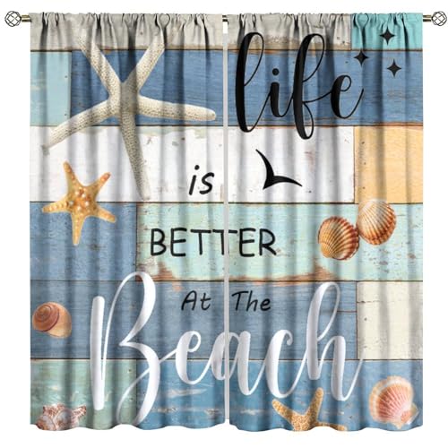Summer Beach Curtains, Rustic Farmhouse Vintage Blue Wooden Nautical Coastal Starfish Shells Ocean Theme Window Curtains for Kitchen Bathroom Living Room 42x45in （No Blackout）