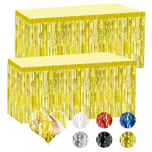 Bouiexye 2 Pack 29.5x108 Inch Gold Foil Tinsel Fringe Table Skirts, Disposable Table Skirts for Rectangle Tables Curtains Backdrop Parade Wedding Floats Baby Shower Birthday Mardi Gras Party