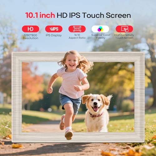 Image of Frameo 10.1 inch WiFi Digital Picture Frame with 32GB Memory, 1280 x 800 IPS HD Touch Screen Electronic Photo Frame, Auto-Rotate, Slideshow, Share Photos /Video Remotely Anywhere White Wood Grain