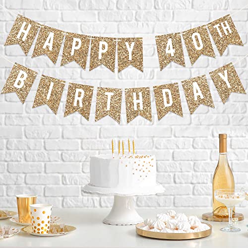 Image of Pre-Strung Happy 40th Birthday Banner - Gold Glitter Birthday Banner | No DIY - Gold Glitter 40th Party Decorations - Pre-Strung on 6 ft Strands - Bday Party Decorations & Decor