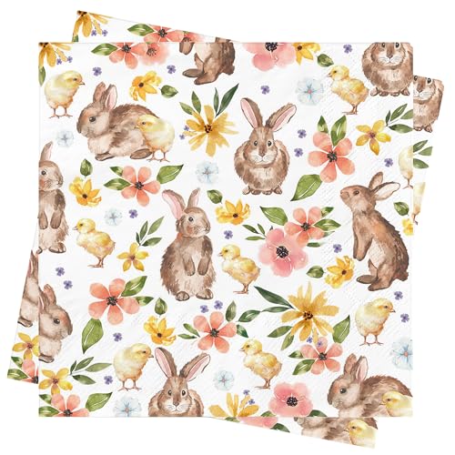 80Stück Ostern Hase Servietten Deko - Frühling Blumen Papierservietten Ostern Einweg Osterhase Dekorative Cocktail Servietten für Oster Esstisch Party Utensilien