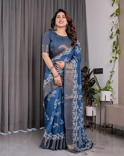 Image of ALMAARI FASHION Handloom Cotton Linen Saree for Women with Floral Printed Design and Tassel Pallu, Traditional Ethnic Lightweight Saree for Daily Office Festive with Blouse Piece