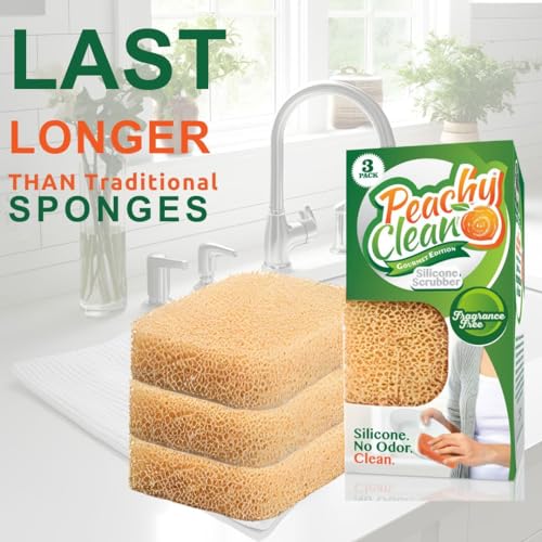 Image of Peachy Clean Silicone Dish Sponge Scrubbers, Unscented Freshness, Non-Scratch, Odor-Resistant, Durable Dish Sponges for Kitchen 3pk