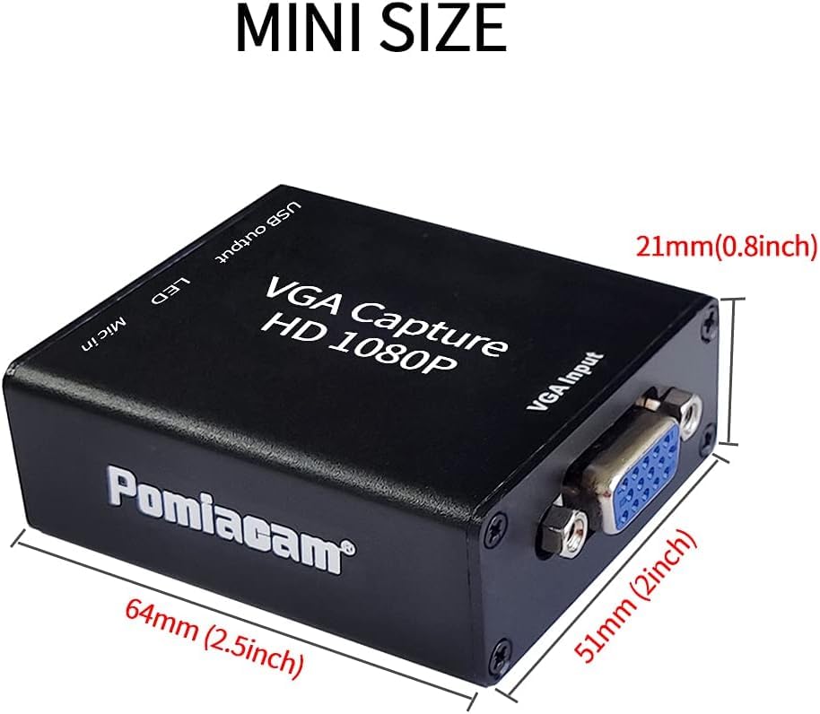 Contents of the POMIACAM VGA Capture Card package, including the capture device, a VGA cable, and a USB cable.