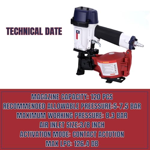 Image of Texas Style CN45N Roofing Nailer, 15 Degree Roofing Nail Gun, 3 /4-Inch to 1-3 /4-Inch Coil Nails, 120-pcs Load Capacity Coil Nailer