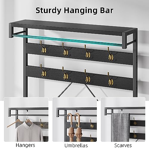 IDEALHOUSE Coat Rack Shoe Bench Industrial Hall Tree Storage Bench for Entryway, Wood Look Accent Large Shoe Rack with Storage Shelf Hanging Bar and 8 Hooks Black 39.9"x15.7"x72"