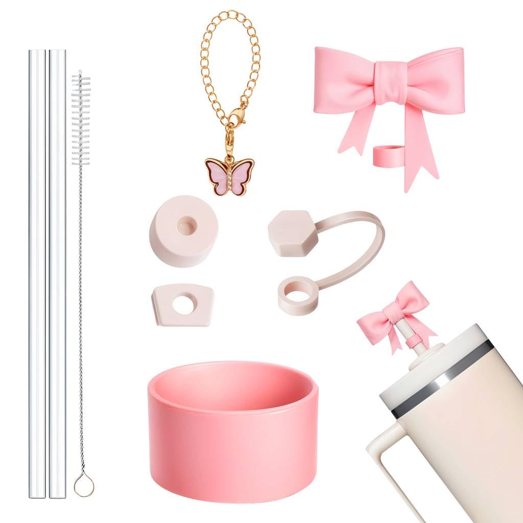 hasthip HASTHIP® for Stanley Cup Set of 9Pcs Stanley Cup Accessories Charms Cute Bow Straw Cap,2 Straight Straws,Cleaning Brush Butterfly Handle Charm Bottom Sleeve Fashion Decor Kit-picture-11