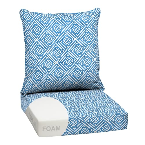 Image of Arden Outdoor Foam Deep Seat Cushion Set, 24 in x 24 in, Weather-Proof, Rain-Proof, Fade Resistant Patio Cushion, Bottom and Back Cushion for Chair, Sofa, and Couch Amalfi Blue Tile