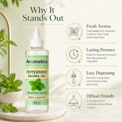 Image of AROMATICO Pure Peppermint Aroma Diffuser Oil with Long-Lasting Fragrance - 100ml. Fragrance Oil for Homes, Offices & Showrooms. Ideal for Diffusers, Reed Diffusers, Air-Purifiers & Candles