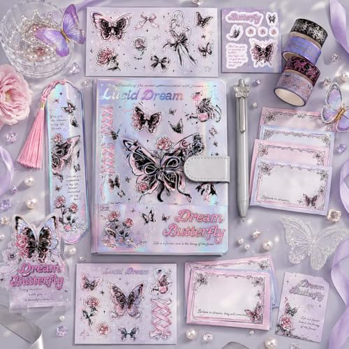 Image of PLUSPOINT Butterfly Aesthetic Scrapbook Kit for Girls - A5 Lock Diary with Stickers, Washi Tape, Memo Pads & Pen, Kawaii Journal Stationery Gift Set for DIY Scrapbooking