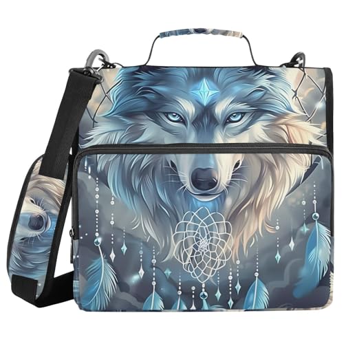 Image of 3 Ring Zipper Binder with Shoulder Strap Wolf Dream Catcher Wolves 1.5 inch Binders Keeper Large Capacity Multi Pockets for School Office Supplies