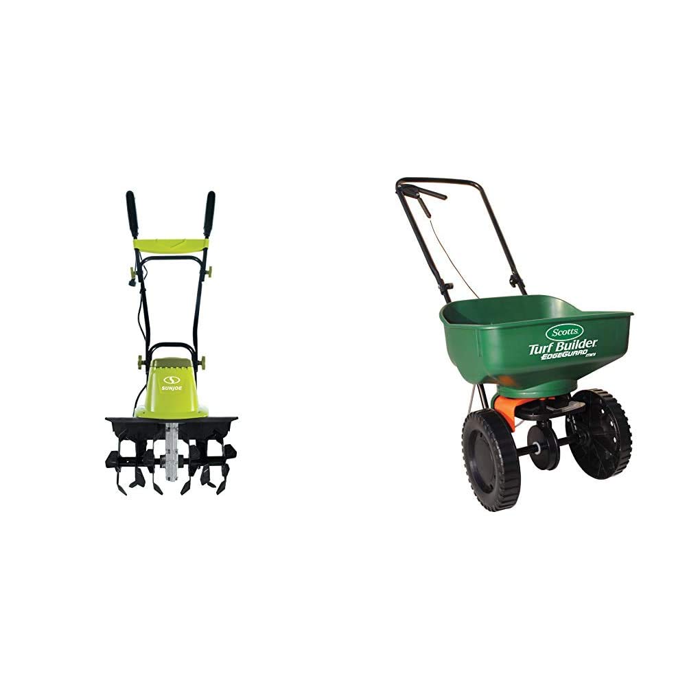 Photo 1 of **NOTES** Sun Joe TJ603E 16-Inch 12-Amp Electric Tiller and Cultivator & Scotts Turf Builder EdgeGuard Mini Broadcast Spreader - Holds up to 5,000 sq. ft. of Scotts Grass Seed or Fertilizer Products