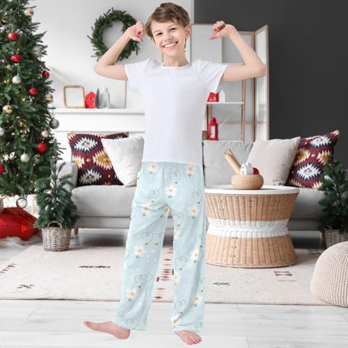 Boy's Lounge Pants Flower Bee Heart Light Blue Kids Jogger Pants Elastic Waist Long Bottoms with Pockets 6-14 Years2