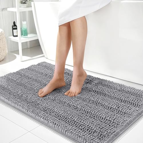 Image of OLANLY Thick Large Bathroom Rugs 40x24, Extra Soft Absorbent Chenille Striped Bath Rugs, Rubber Backing, Machine Wash Dry, Bath Mats for Bathroom Floor, Tub and Shower, Home Decor Accessories, Grey