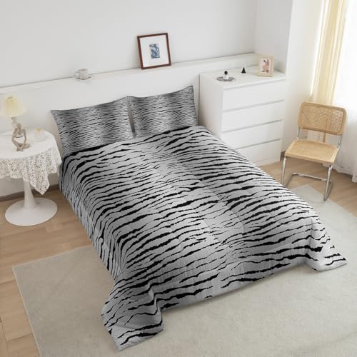Image of Feelyou Black Grey Comforter Set King for Kids Boys Girls Bedding Set Jungle Animal Comforter Teens Toddler Safari Animal Fur Print Duvet Set 3Pcs