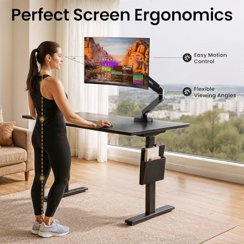 Image of EVEO Premium Single Monitor Arm 14 inch-34 inch, Adjustable Gas Spring Monitor Mount, Single Arm Desk Mount for 34 Inch Computer Screens, VESA Compatible Stand with Clamp and Grommet Base - Black