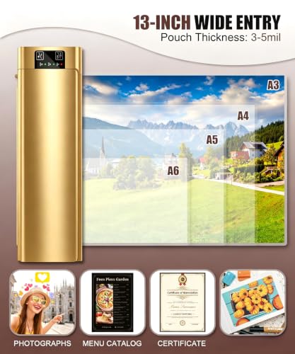 Image of 13 Inch Laminator Machine, A-3 9-in-1 Thermal Laminator with Sheets for Hot & Cold Laminating Machine, Features Fast 60-Sec Warm Technology and Never-Jam Design for Home,Office,or School Use (Gold)