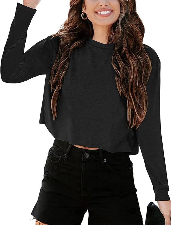Imily Bela Langarmshirt Damen Cropped T Shirts Casual Loose Rundhals Crop Tops Oberteile Basic Tees Shirts.Schwarz.L