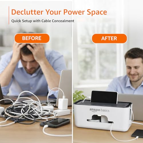 Image of Amazon Basics - Cable Management Box with Mobile Stand - Power Strip, Cords, Wires | Surge Protector Hiding Cover Organizer for Home, Office (White)