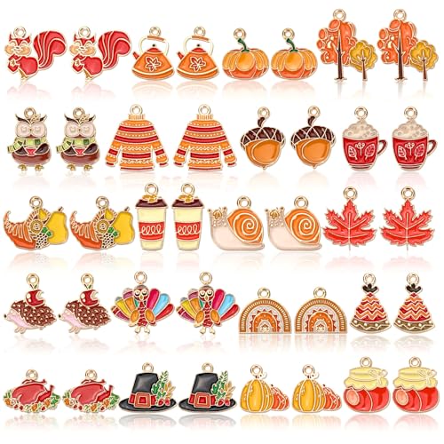 MARFOREVER 40Pcs/20 Pairs Fall Charms Thanksgiving Charm for Jewelry Making Autumn Pumpkin Maple Leaf Turkey Enamel Pendants for Bracelet Necklace Earrings Making Accessories