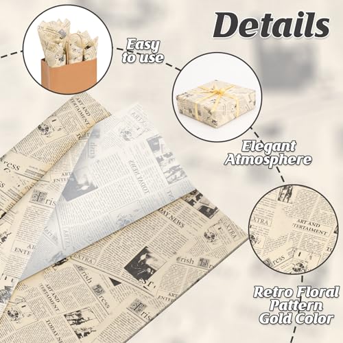 60 Sheets Vantage Newspaper Tissue Paper, 20x14in Old Newsprint Art Tissue Paper Retro Kraft Magazine Wrapping Gift for Mother\'s Day Wedding Party Decor (B)