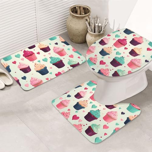 Dwrepo Cupcake Candy Hearts Sweet Print Bathroom Rug Set 3 Piece with Non-Slip U-Shaped Contour Mat and Toilet Lid Cover for Bathroom Decoration