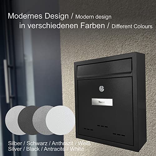 TÄGA 2218 Design Metall Briefkasten schwarz I DIN A4 Einwurfformat I mit Namensschild, Sichtfenster I abschließbar, inkl. 2 Schlüssel