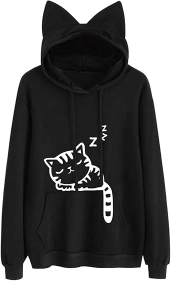 Women Hoodie Sweatshirt Cute Cat Ear Black US Size M=Tag Size XL