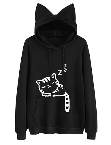 Women Girl Hoodies Cute Cat Ear Novelty Printed Pullover Sweatshirt
