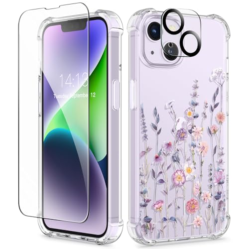 GVIEWIN for iPhone 14 Case TPU Clear Flower with Screen+Lens Protectors